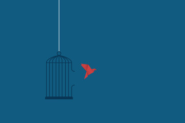 Fototapeta premium Flying bird and cage. Freedom concept. Emotion of freedom and happiness. Minimalist style. 