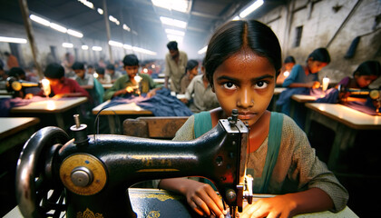 Young Indian girl working in the textile industry using a sewing machine .In garment factories, children perform diverse  tasks such as dyeing, sewing buttons, cutting and trimming threads, folding 