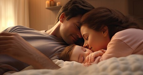 Obraz na płótnie Canvas Family sleeps hugging their child on the bed. Love and family harmony