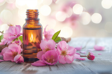 Obraz na płótnie Canvas A bottle of aromatherapy essential oil with rose flowers