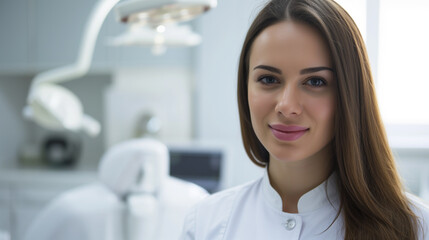 Portrait of a young attractive smiling female dentist at the dentist's office