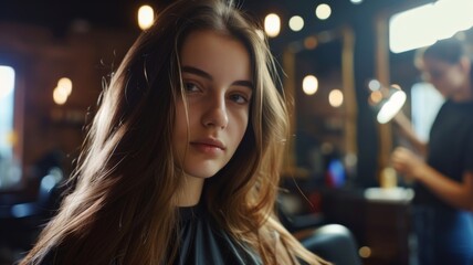Young woman receiving a hairstyling service at a modern beauty salon