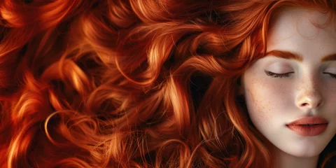 Foto op Aluminium Detailed portrait of a young woman with vibrant curly red hair and freckles © Tida
