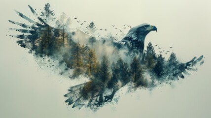 Majestic eagle superimposed with a misty forest landscape, creating a mystical abstract artwork. - obrazy, fototapety, plakaty