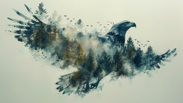 Majestic eagle superimposed with a misty forest landscape, creating a mystical abstract artwork.