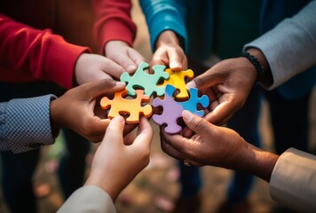 Diverse group of hands connecting puzzle pieces, metaphor for teamwork