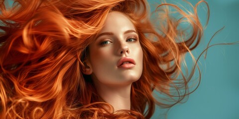 Windswept portrait of a woman with fiery red hair, embodying freedom and strength
