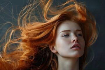 Naklejka premium Redhead with eyes closed, hair in a wind's embrace, capturing a moment of tranquility