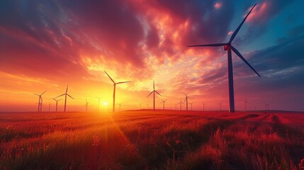 Wind turbines gracefully turning against a vibrant sunset backdrop, harnessing renewable energy