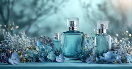 catrice perfume bottles with flowers and blue grass
