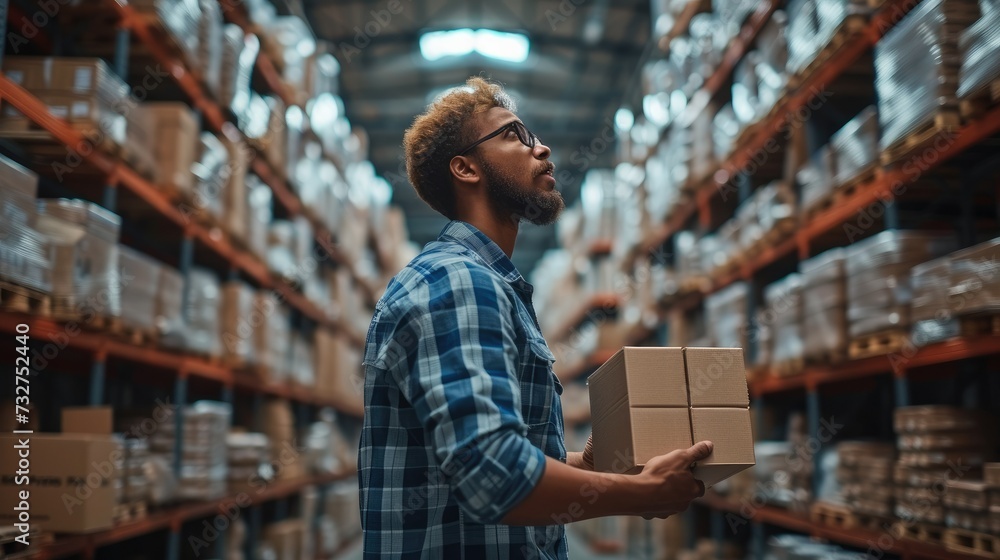 Poster A salesman checking scan box in a hardware warehouse. Generative AI.