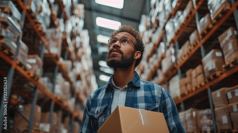 Poster A salesman checking scan box in a hardware warehouse. Generative AI.