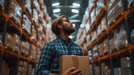 A salesman checking scan box in a hardware warehouse. Generative AI.