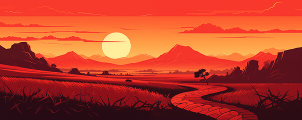 Beautiful landscape at sunset with a cobblestone path, panoramic view, illustration generated by ai