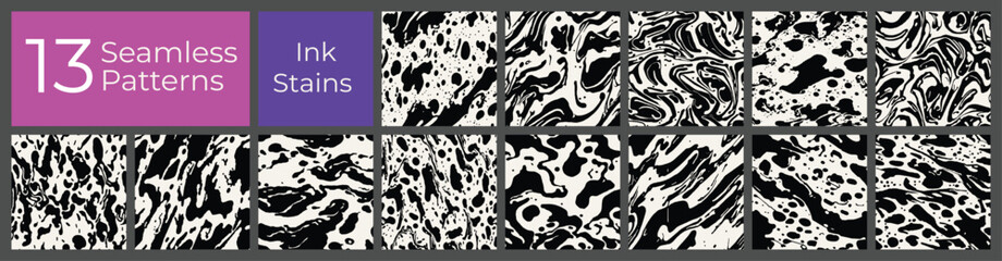 Ink splatter seamless pattern set. Black paint splat abstract background.
