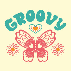 Groovy butterfly, daisy, flower stickers. Hippie 60s 70s elements. Floral romantic sign and symbols in trendy cute retro style. Yellow, pink colors.