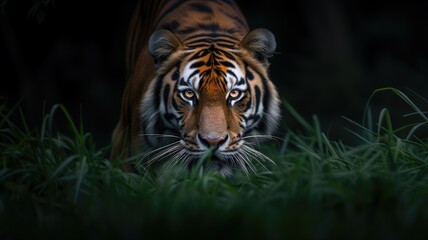 Fototapeta premium An intense tiger ready to pounce, concealed by shadows
