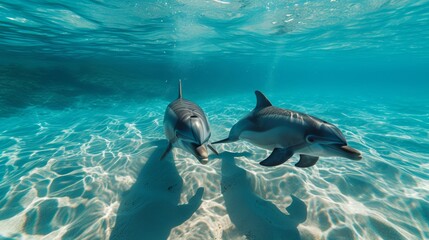 Curious dolphins gracefully swimming in crystal-clear ocean waters, their sleek bodies gliding effortlessly