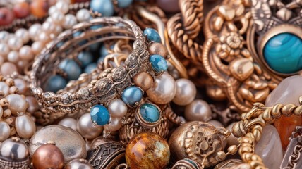 A diverse array of antique jewelry featuring various gems, beads, and metals