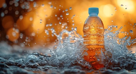 A vibrant orange soft drink bottle creates a mesmerizing splash as it submerges into the crystal clear water, bringing a refreshing touch to the outdoor scenery