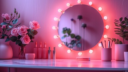 A vanity table with a sparkling mirror and rose-shaped lights, perfect for glamorous dress-up sessions