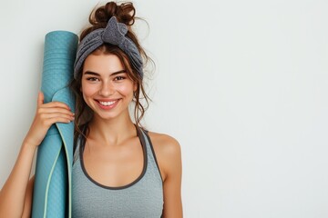 Pretty young girl holding yoga mat on white background