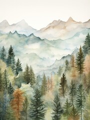 Muted Mountain Ranges: Watercolor Forest Wall Art - Tranquil Mountains Near Serene Watercolor Woods