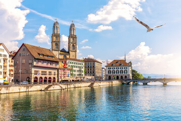 Grossmunster protestant church by the Minster bridge over the Limmat in the city of Z rich,...