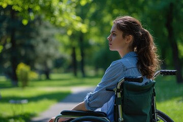 Fototapeta na wymiar Young woman in wheelchair in the park