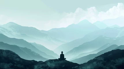Papier Peint photo Bleu clair A serene mountain landscape with a meditator in lotus position