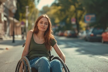 Young woman in wheelchair in city street - obrazy, fototapety, plakaty