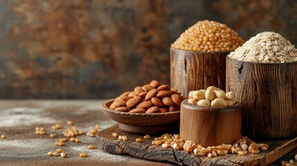 Wholesome grains and nuts displayed in rustic containers, advocating balanced nutrition