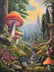 Whimsical Forests: Mushroom Vintage Painting, Nature Artwork and Woodland Scenes - obrazy, fototapety, plakaty