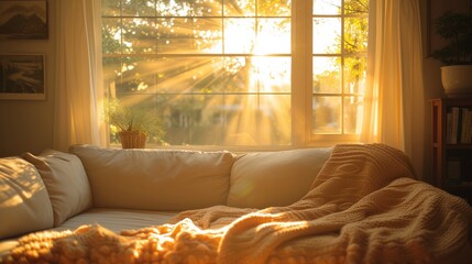 Cozy living room with soft, inviting couches bathed in warm sunlight streaming through the window - obrazy, fototapety, plakaty