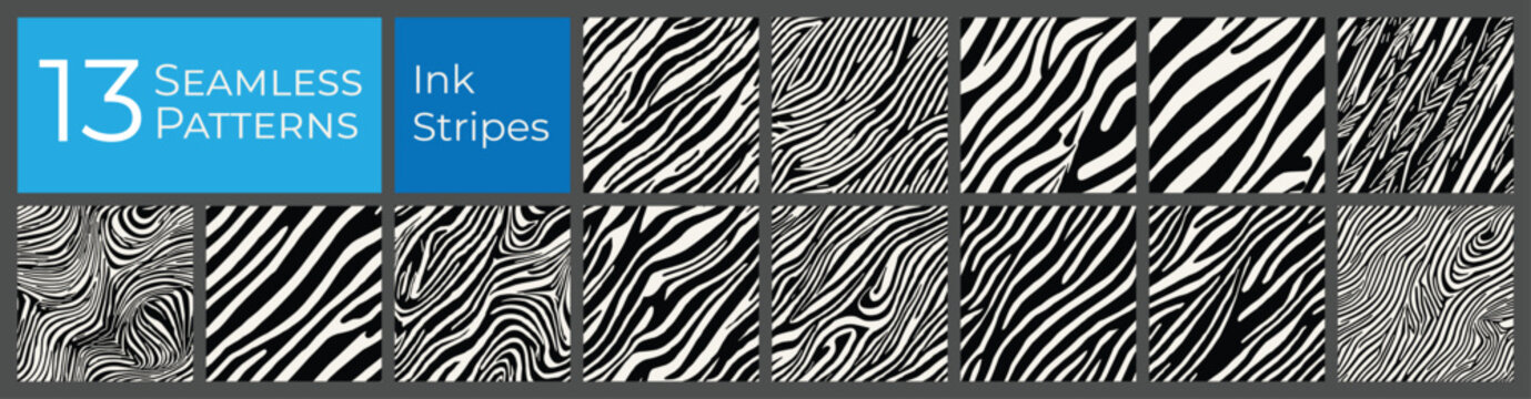 Diagonal lines seamless zebra pattern set. Abstract deco graphic background. Ink painted vector pattern collection.