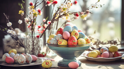 Easter decor with painted eggs and flowers