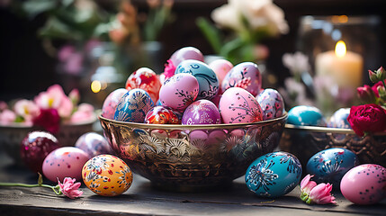 Easter decor with painted pink and blue eggs and flowers