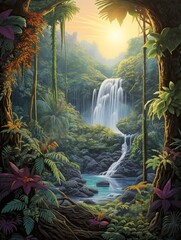 Oasis Landscape: Cascading Waterfall in Jungle - Nature Print Art