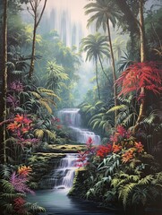 Oasis Print: Cascading Waterfall Art in Jungle Scene - Tropical Nature Landscape