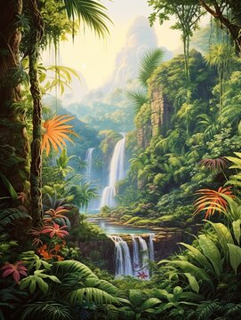 Oasis Landscape: Cascading Waterfall Art in a Serene Jungle Print