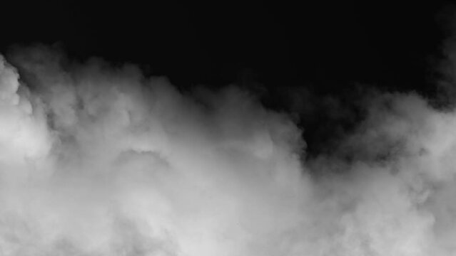 Moving Clouds on black Background, Drag and Drop on Your Timeline, to apply a smoke or cloud effect to a video, Nature, Landscape, View scene. White cloud moves and changes shape on black background