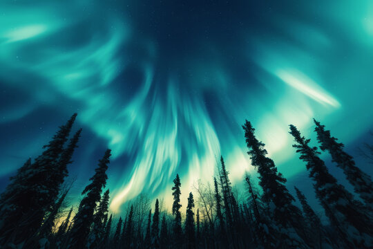 Northern lights in night sky over trees silhouettes, Aurora Borealis over forest, Beautiful Polar lights