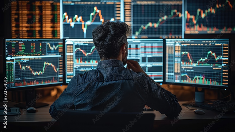 Poster A man facing towards his computer screen and trading the stock market, with multiple displays in his front with all candlestick chart. Generative AI.