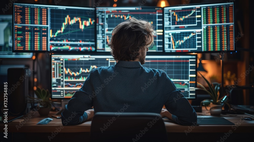 Poster A man facing towards his computer screen and trading the stock market, with multiple displays in his front with all candlestick chart. Generative AI.