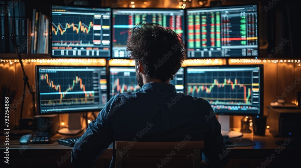 Aufkleber A man facing towards his computer screen and trading the stock market, with multiple displays in his front with all candlestick chart. Generative AI.