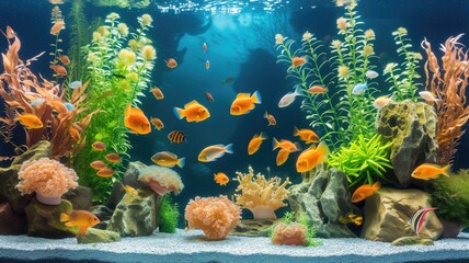 A lush aquarium scene with a variety of colorful fish swimming among vibrant aquatic plants and coral formations