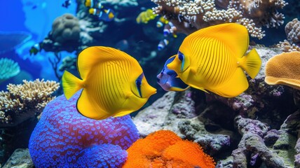 Naklejka na ściany i meble Two yellow fish facing each other among coral reefs, portraying social behavior and interaction in the aquatic world