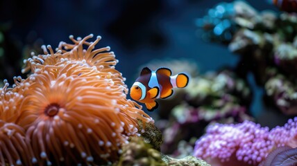 A clownfish swimming among the tentacles of a sea anemone in a coral reef aquarium