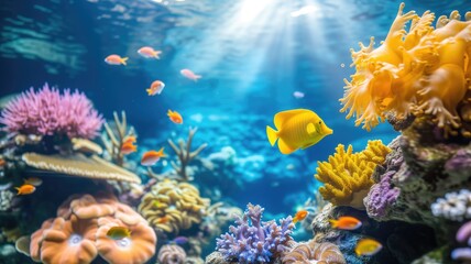 A vivid coral reef bustling with life, illuminated by natural light, displaying an array of tropical fish and coral species