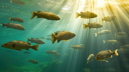 A school of fish swimming underwater, bathed in light rays filtering through the ocean surface, depicting a serene aquatic scene